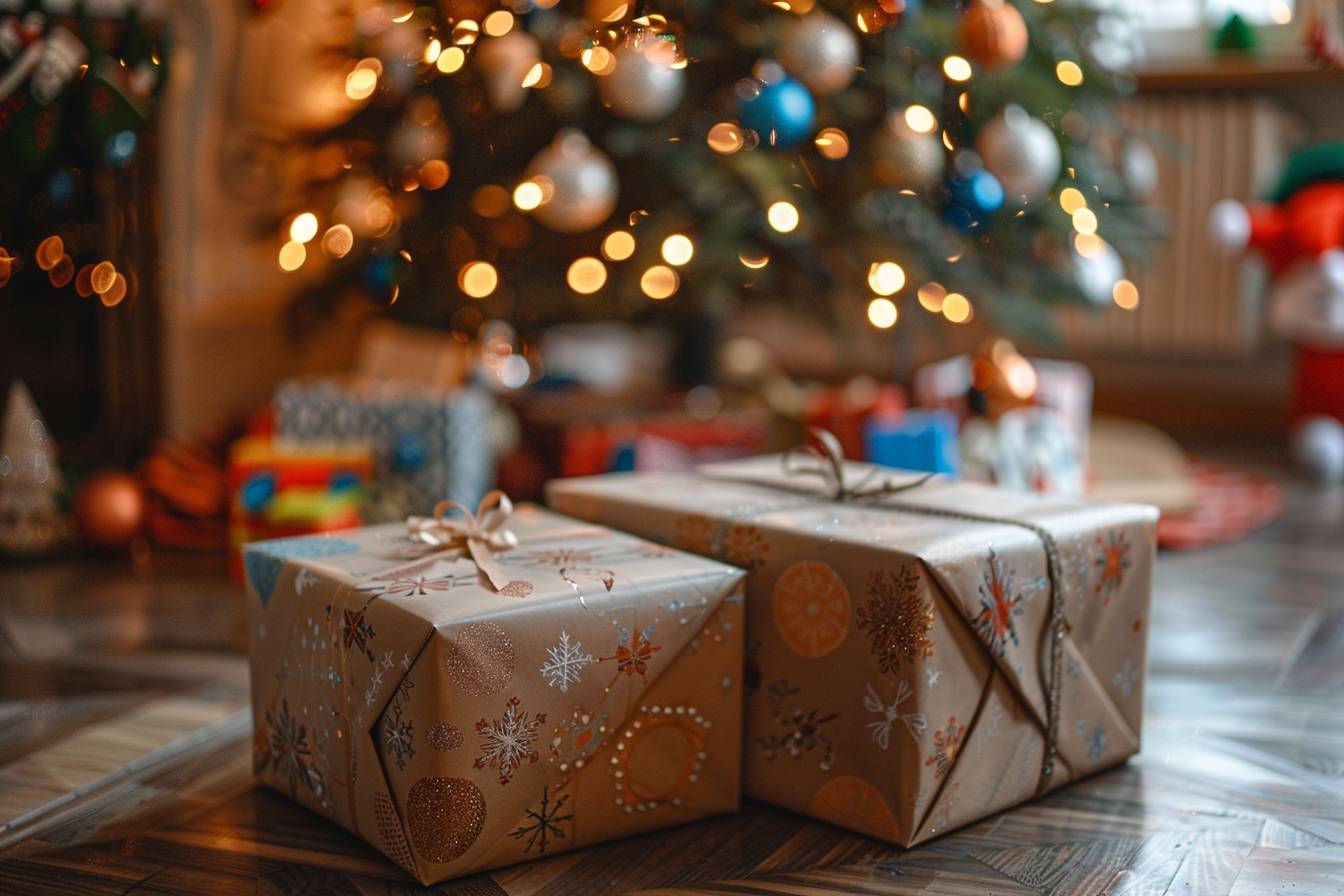 Cadeaux de Noël pour une jeune fille souriante  
Fille de 10 ans entourée de paquets colorés