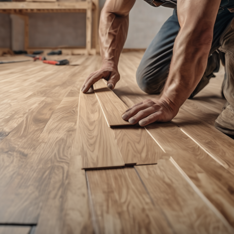 Un artisan installe des lames de parquet en bois